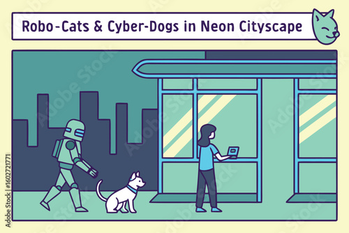 Illustration of a robot walking a dog while a woman uses a tablet in a futuristic cityscape scene
