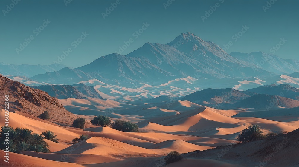 Fototapeta premium Endless Sand Dunes in Sahara Desert Bathed in Soft Sunset Light