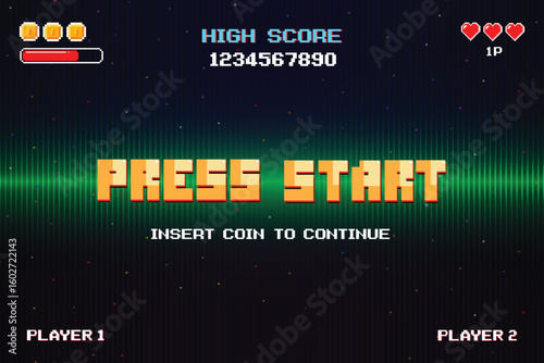 PRESS START. INSERT A COIN TO CONTINUE. pixel art. 8 bit game. retro game. for game assets. Retro Futurism Sci-Fi Background. glowing neon grid and stars from vintage arcade computer games