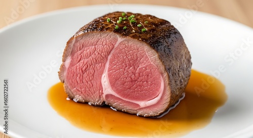 Juicy Rare Meat Cut on a White Plate with Sauce, Garnished with Fresh Herbs, Culinary Art.