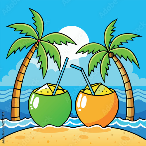 Cartoon coconut drinks rest on beach sand under palms near wavy ocean