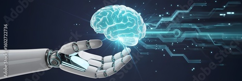 Robotic hand holding glowing brain over digital circuit network, symbolizing AI intelligence, neural technology, and futuristic cognition