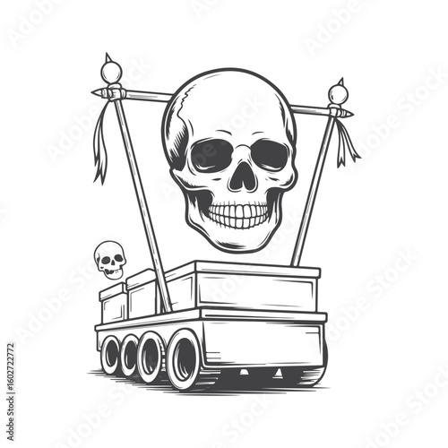 Skull on a wheeled cart with smaller skull and banners wheels flags