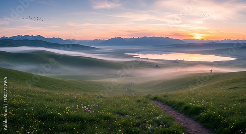 Scenic Landscape: Rolling Green Hills, Lake, and Distant Mountains under a Peaceful Sunset Sky with Birds Flying.
