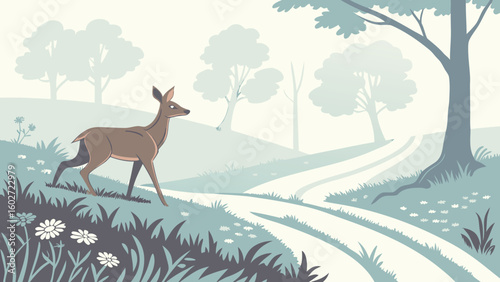 A deer walking on a path in a misty forest with trees and flowers in a serene and peaceful landscape