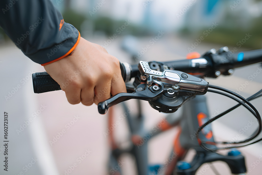 close-up of cyclist hand pressing brake lever on eco-friendly bike close-up of cyclist hand pressing brake lever on eco-friendly bike