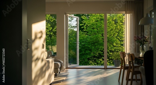 Bright Interior Space with Open Window Overlooking Lush Greenery, Casting Warm Sunlight Through the Room.
