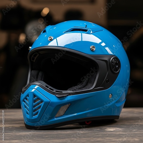Vibrant Blue Protective Gear: Close-up of a Safety Helmet on a Wooden Surface, Reflecting Light and Emphasizing Design.