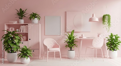 Aesthetic monochromatic room interior design featuring plants, minimalist furniture, and wall art with pink color scheme.