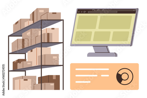 Stacked shelves and boxes signify storage, a monitor displays inventory management, and a data card suggests analytics. Ideal for logistics, e-commerce, inventory control, supply chain, organization