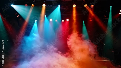 Vibrant stage lights with colorful beams and fog create a dynamic concert atmosphere. Shot from a low angle, perfect for a music video backdrop. Live desktop wallpaper.
