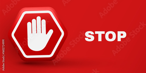 Red STOP 3d icon. Alert, caution or emergency notification. Danger hazard notification. Caution alert notice. Vector Illustration