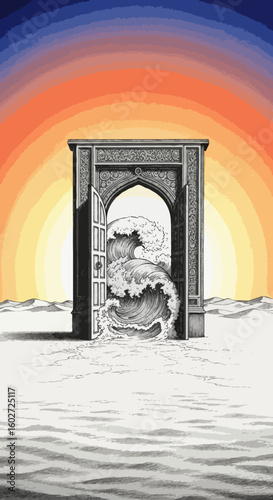 A portal to the sea with waves in a desert landscape art