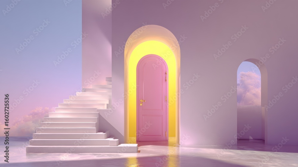 Fototapeta premium Pastel-colored architectural scene with a pink door and stairs.