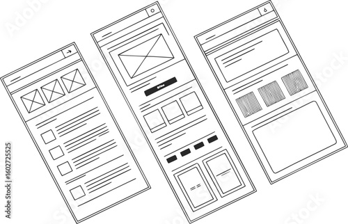 Hand drawn wireframe sketches of three different website layouts showcasing content blocks image placeholders and navigation elements for user interface design