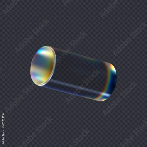 3d transparent glossy cylinder with dispersion effect. Rainbow colors reflection glass. Vector illustration.
