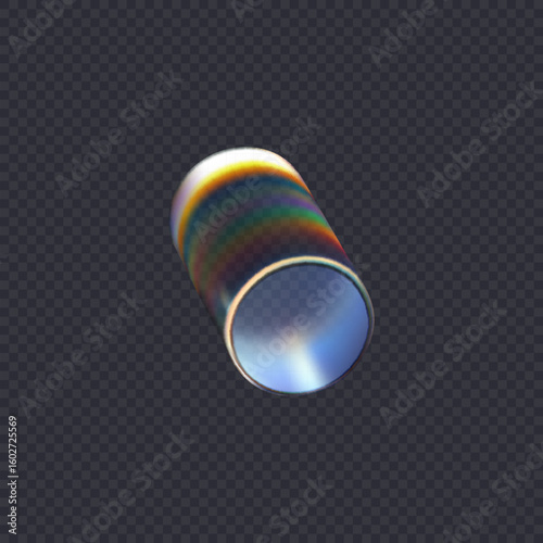 3d transparent glossy cylinder with dispersion effect. Rainbow colors reflection glass. Vector illustration.