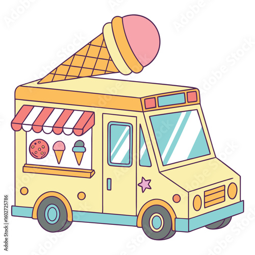 Cartoon ice cream truck with striped awning displays cookie and cones on white