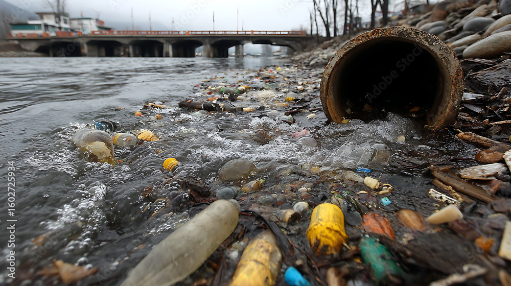 Obraz premium Open Pipe Discharging Waste into Body of Water Environmental Pollution 18149395 1
