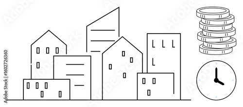 Cityscape of modern and classic buildings, clock, and coin stack. Ideal for urban planning, real estate, investment, time management, economics housing financial growth. Simple flat metaphor
