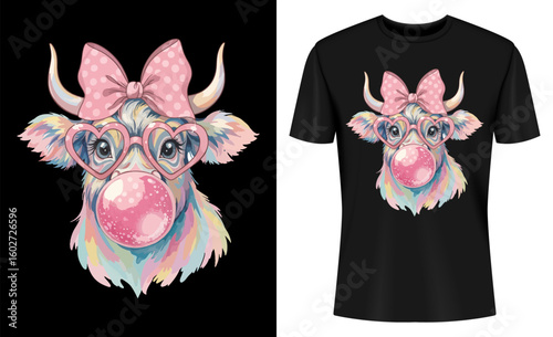 Coquette Highland Cow Bubblegum T-shirt Design