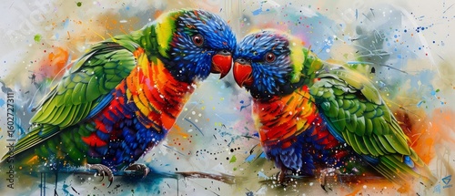 Two vibrant rainbow lorikeets interacting closely, showcasing their colorful feathers with shades of blue, green, red, and yellow. The background is blurred, emphasizing the birds.