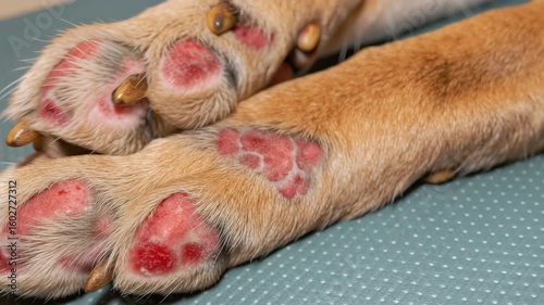 Swollen old fawn labrador with allergies concept. Dog paws with visible red sores and irritation, indicating a possible skin infection or allergic reaction.