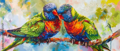 Two vibrant rainbow lorikeets interacting closely, showcasing their colorful feathers with shades of blue, green, red, and yellow. The background is blurred, emphasizing the birds.