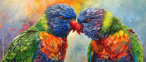 Two vibrant rainbow lorikeets interacting closely, showcasing their colorful feathers with shades of blue, green, red, and yellow. The background is blurred, emphasizing the birds.