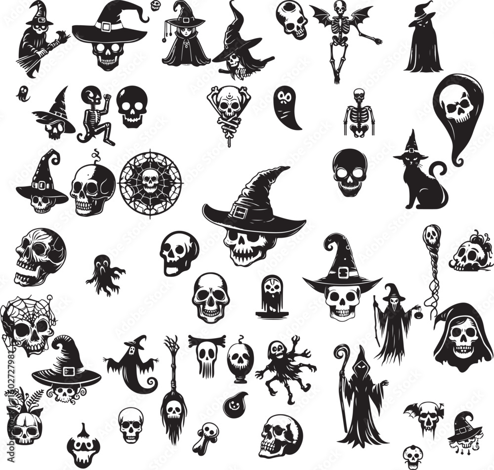Fototapeta premium Spooky Halloween Icon Vector Set. Isolated on white background, clean silhouette, retro horror theme.