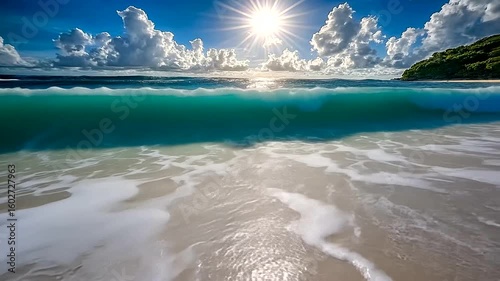 Waves Crashing on Sandy Shoreline, Tropical Beach Paradise, Blue Ocean, Sunbeams