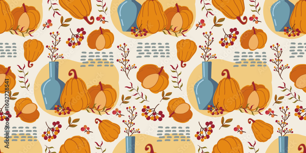 Cozy autumn seamless pattern with blue vase and two orange pumpkins on light background. Great for fall design, textile prints, wrapping paper