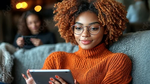 Young African American Woman Relaxing at Home Using Tablet with Friend