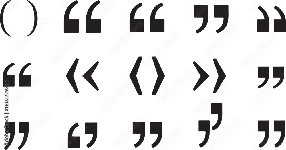 Collection of various quotation marks and punctuation symbols isolated on transparent background