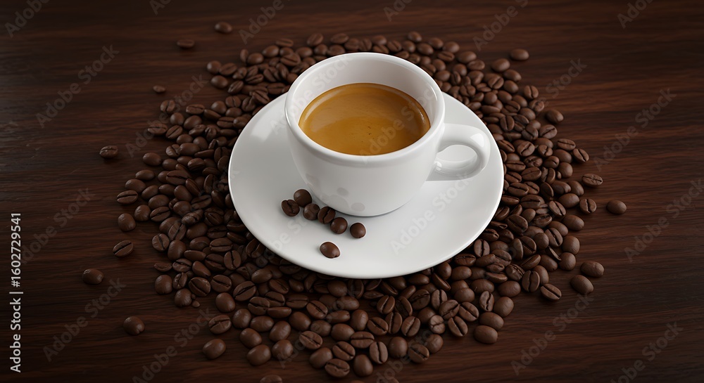 Fototapeta premium Espresso in White Cup with Brown Coffee Beans on Dark Wood