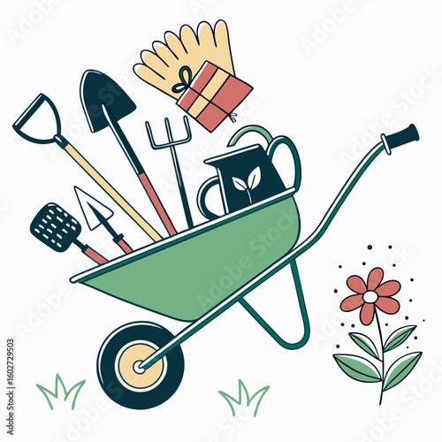 Colorful wheelbarrow carrying gardening tools, gloves,