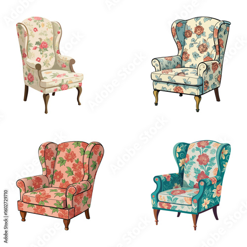 Floral Wingback Chair Isolated on White Background – Vintage Upholstered Armchair