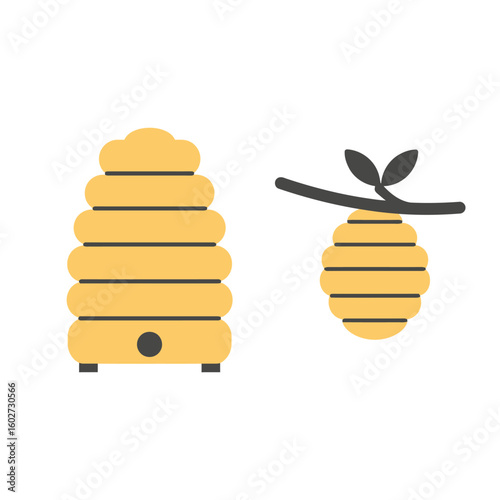 Flat Design Beehive and Hanging Honeycomb Icon Set: Beekeeping and Nature Symbol