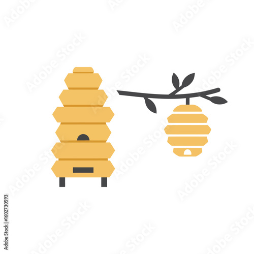 Flat Design Beehive and Hanging Honeycomb Icon Set: Beekeeping and Nature Symbol