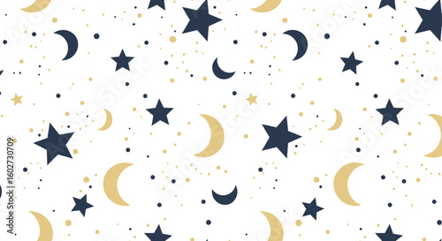 Celestial Night Sky Seamless Pattern: Stars, Moons, Space Background Design