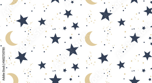 Celestial Night Sky Seamless Pattern: Stars, Moons, Space Background Design