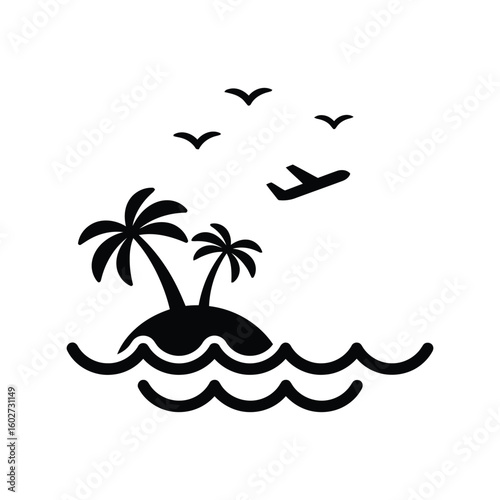 Tropical Island Flight Path Vector: Vacation, Travel, Holiday Destination Journey Icon