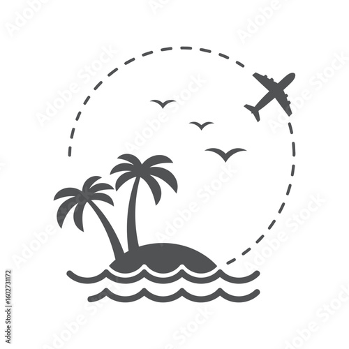 Tropical Island Flight Path Vector: Vacation, Travel, Holiday Destination Journey Icon