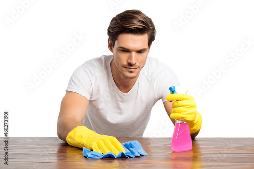 Young man cleaning a wooden surface with a spray bottle and cloth.