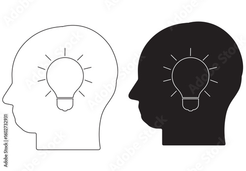 I realistic design of brilliant ideas in a human head, successful human solutions, light bulbs, and eureka in problem solving. Vector illustration concept