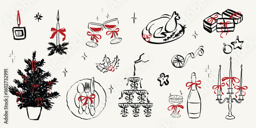 Whimsical chalk doodles of Christmas party. Quirky icons of breakfast and dinner meals in crayon style. Crayon drawing for menus and invitations. La dolce vita vector illustration