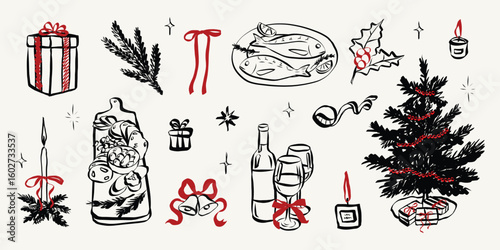 Whimsical chalk doodles of Christmas party. Quirky icons of breakfast and dinner meals in crayon style. Crayon drawing for menus and invitations. La dolce vita sketch vector illustration