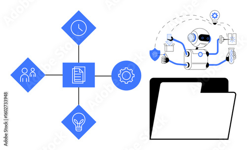 Robot managing tasks and workflow icons including clock, group, gear, bulb, and document with open folder. Ideal for automation, AI, efficiency, digital tools organization productivity file