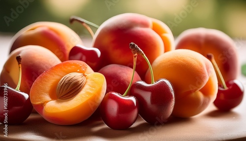 close up of stone fruits in natural light highlighting the juicy freshness of apricots cherries and peaches