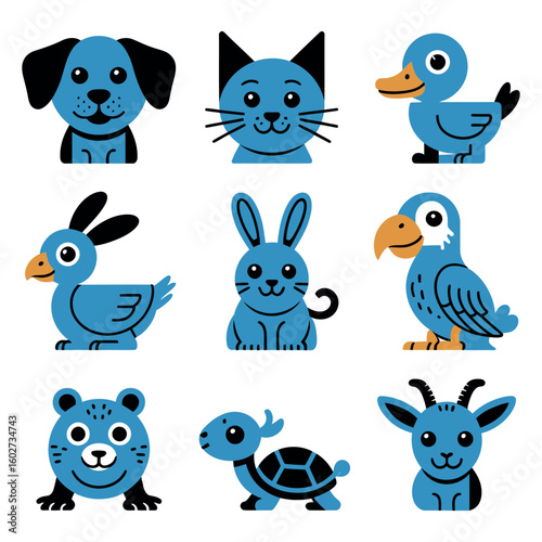A cute vector cartoon set of funny bird and animal characters for design projects